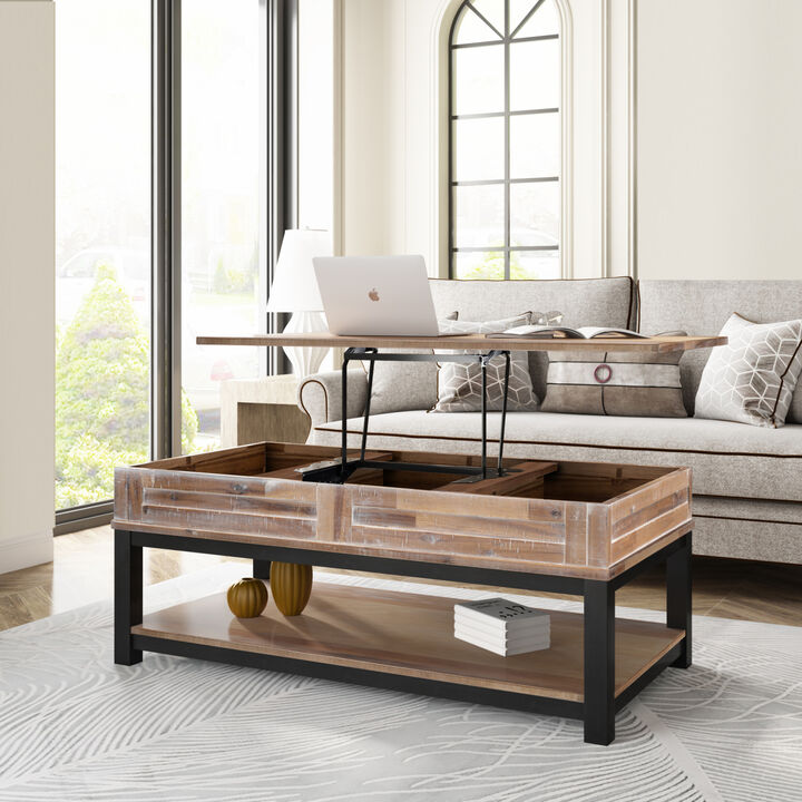 U-style Lift Top Coffee Table with Inner Storage Space and Shelf