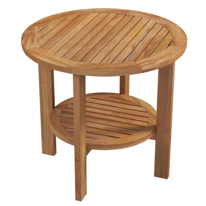 Hivvago Outdoor Teak Wood Round Side Table Patio End Table with Slatted Storage Shelf