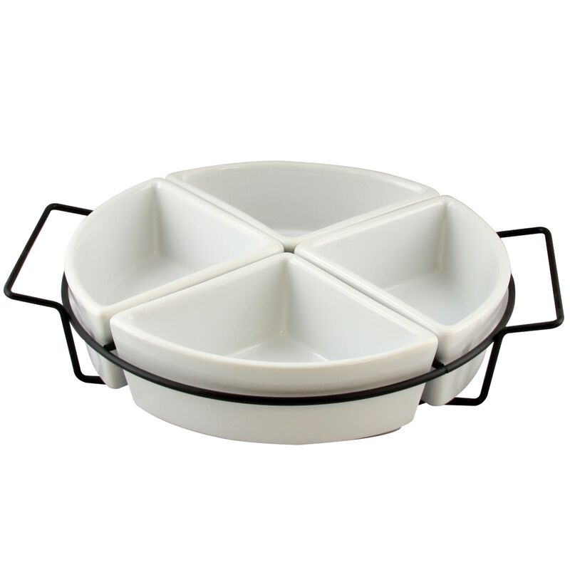 Gibson Gracious Fine Ceramic Dining Four Section Tray Set with Metal Rack in White