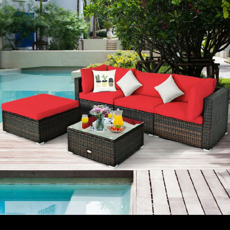 5 Pieces Outdoor Patio Rattan Furniture Set With Cushions-Red