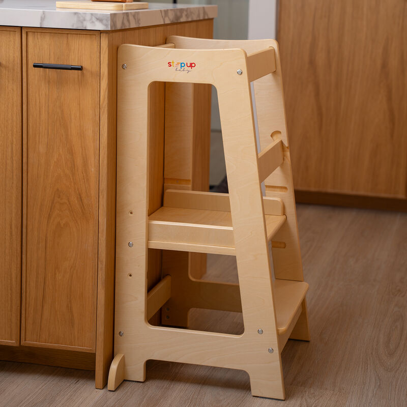 Stepup Baby&reg; Adjustable Toddler Tower - Varnished Wooden Step Stool for Kids | Toddler Standing Tower with Child-safe Chopper & Chopping Board for 18M-4Y image number 7