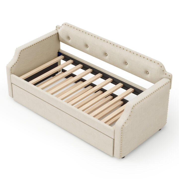 Whisen Twin Size Upholstered Daybed, Sofa Bed with Trundle and Padded Back
