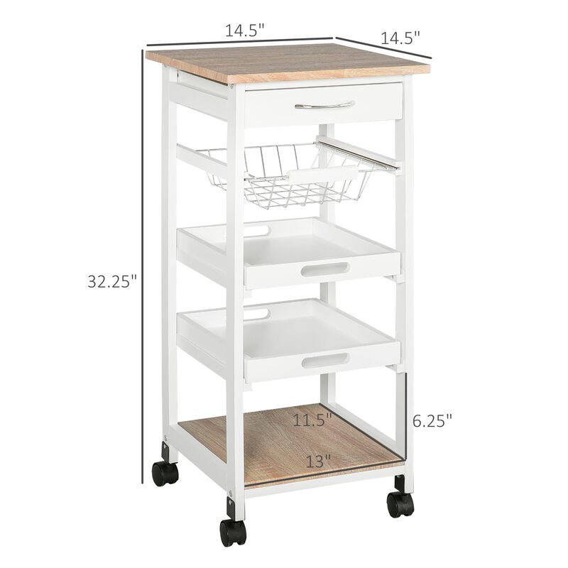 Mobile Rolling Kitchen Island Trolley Serving Cart with Underneath Drawer & Slide-Out Wire Storage Basket - White
