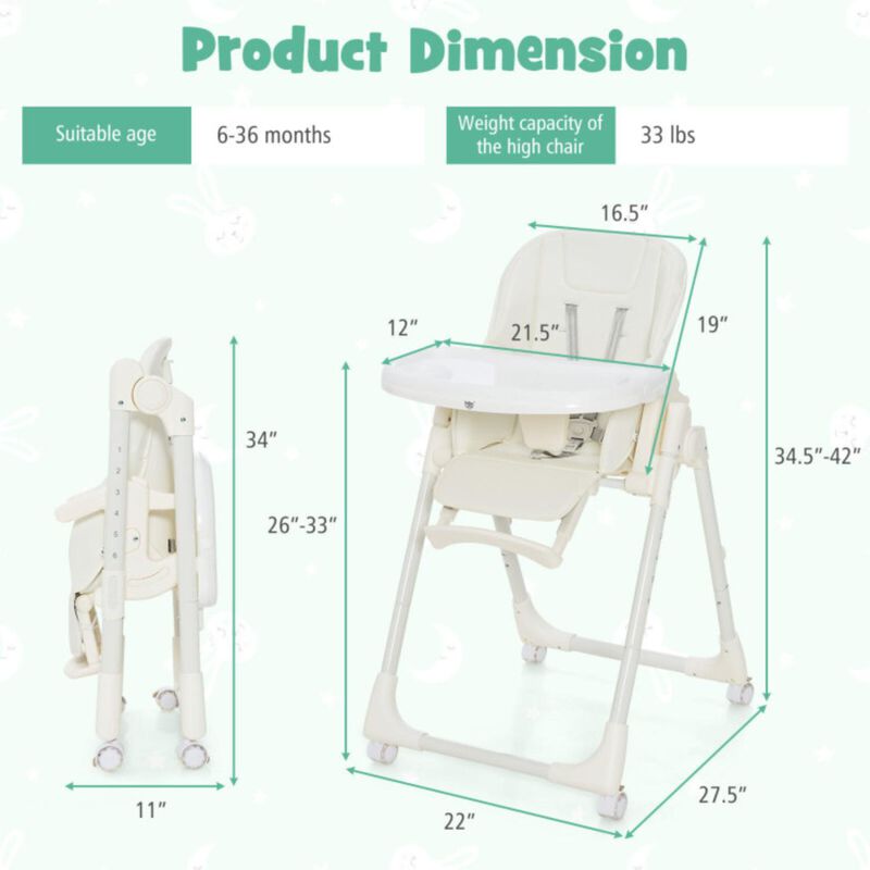 Hivvago Folding High Chair with Height Adjustment and 360Â° Rotating Wheels