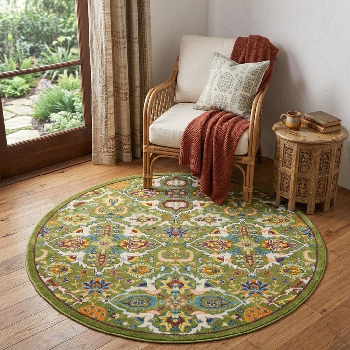 HomeRoots Round Floral Power Loom Area Rug