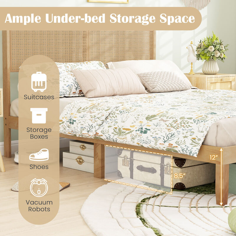 Modern Bed Frame with Rattan Headboard and Wood Slat Support-Natural image number 4