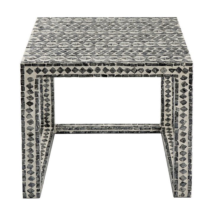 Set of 2 Nesting Side End Tables, Capiz Inlaid Design, Gray and White - Benzara