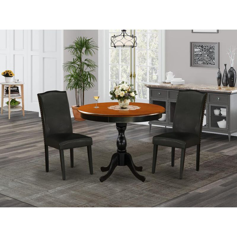East West Furniture 3-Piece Dinner Table Set Includes a Kitchen Dining Table and 2 Black PU Leather Padded Chairs with High Back - Black Finish image number 1