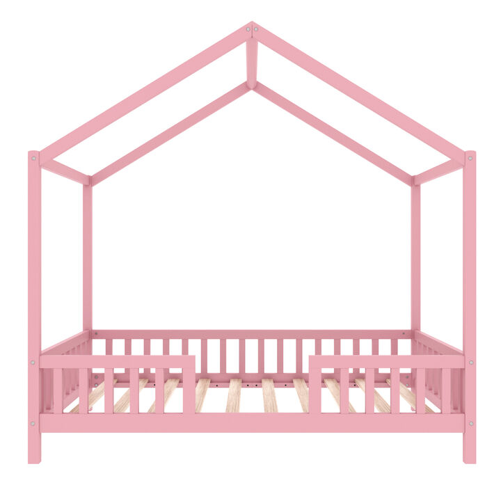 Merax Montessori Floor Bed with Canopy, Twin Bed Frame for Kids, House Shape Toddler Bed Frame with High Railings