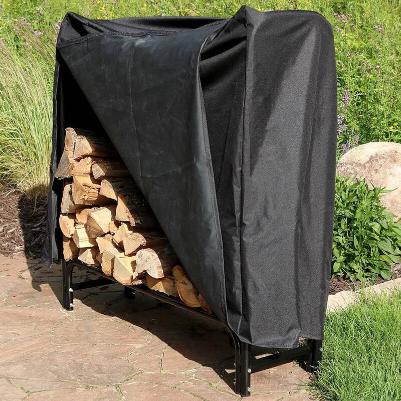QuikFurn 4-Ft Indoor Outdoor Black Metal Firewood Holder Log Rack with Cover