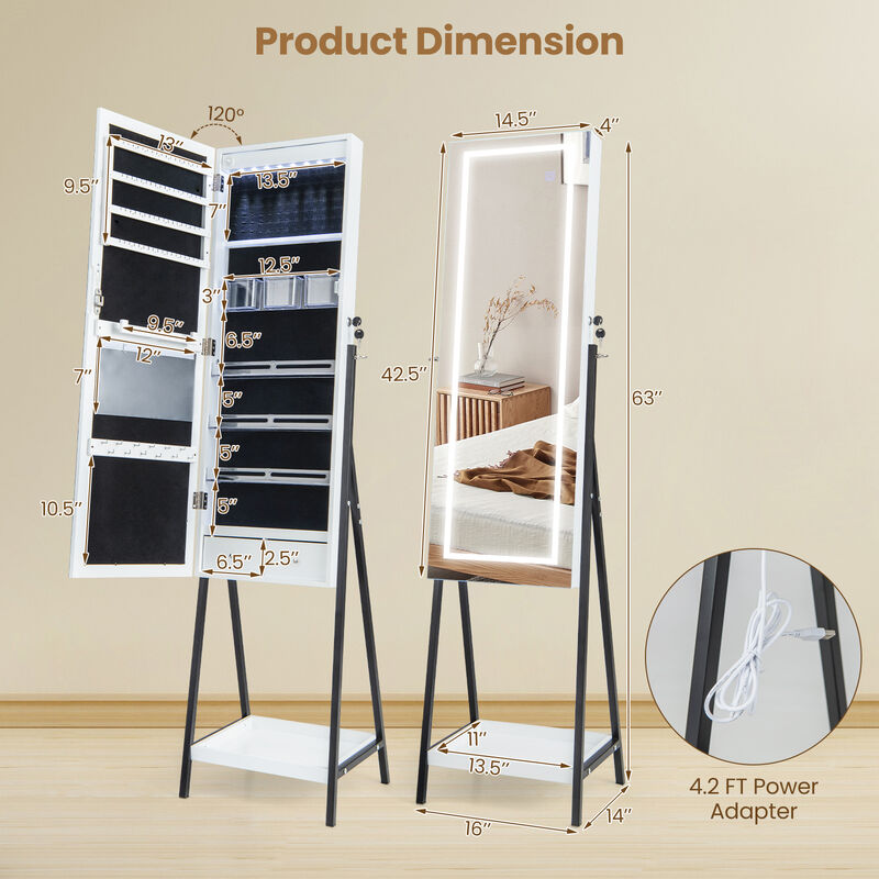 LED Standing Jewelry Mirror Cabinet with 3-Color Lighted Full-Length Mirror