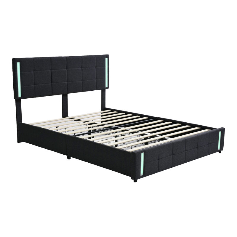 Merax Upholstered Platform Bed with LED Lights and USB Charging, Storage Bed with 4 Drawers