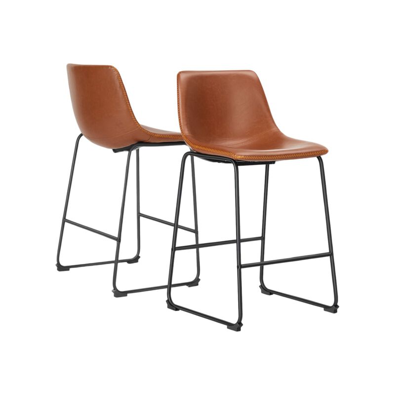 HomeRoots Set of Two 26" Brown and Black Faux Leather and Aluminum Counter Height Bar Chairs image number 0