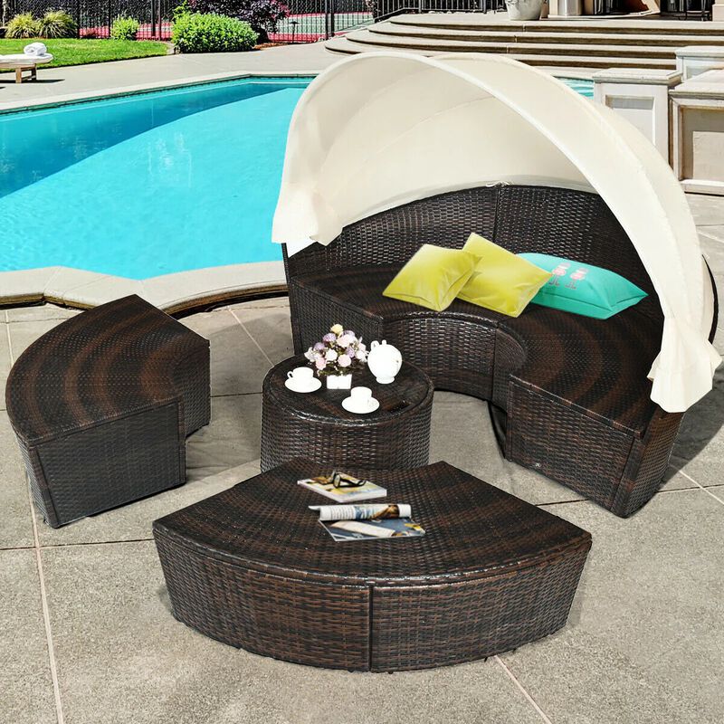 Mondawe Patio Round Rattan Daybed with Retractable Canopy and Height Adjustable Coffee Table