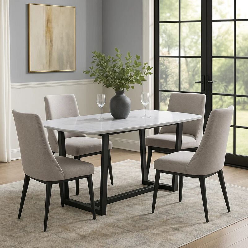 Dining Table with Marble Top and Trestle Base, Gray