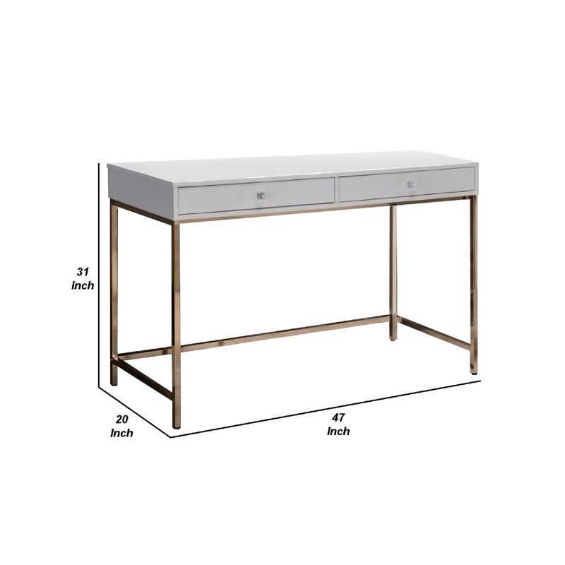 47 Inch Desk Console Table, 2 Drawers, Metal Frame, White, Gold