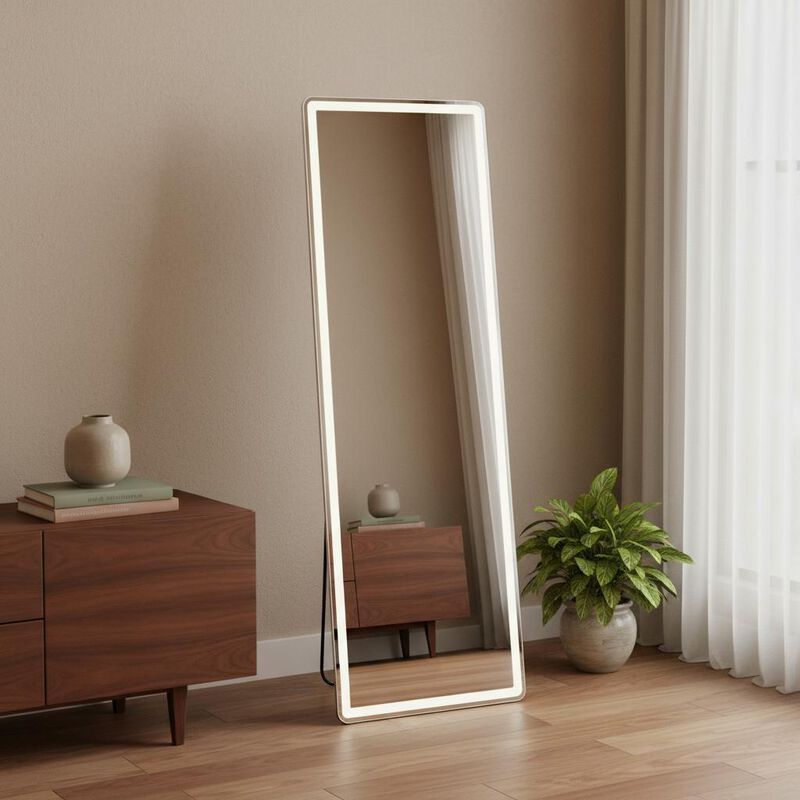HomeRoots 64" Clear Lighted Freestanding and Wall Mount Frameless Full Length Mirror image number 1