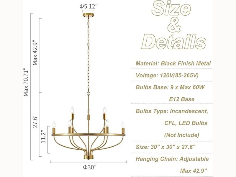 30" Gold 9-Light Candle Chandelier – Mid-Century Rustic Fixture for Dining Room, Kitchen Island & Living Room (E12 Base)