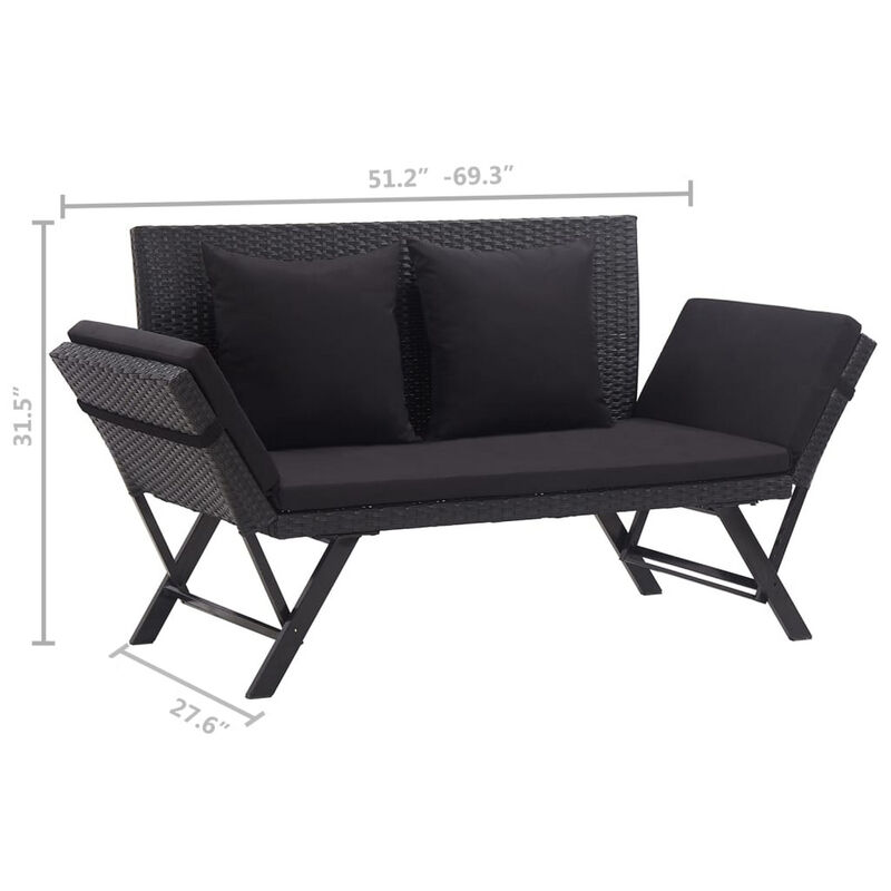 Outdoor Loveseat Bench, Black Fabric Cushions, Rattan, Steel, 51 Inch - Benzara