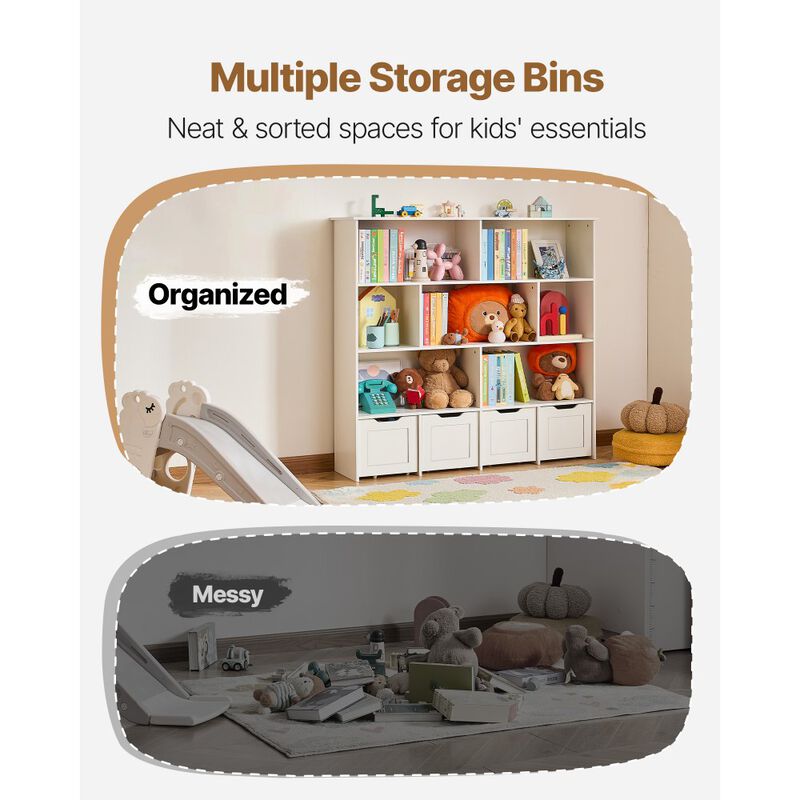 Wooden Kids White Toy Storage Organizer with Bookshelf and 4 Mobile Drawers image number 8