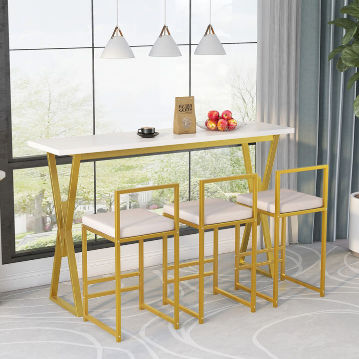 Modern 4-Piece Counter Height Extra Long Console Bar Dining Table Set with 3 Padded Stools for Small Places, Gold