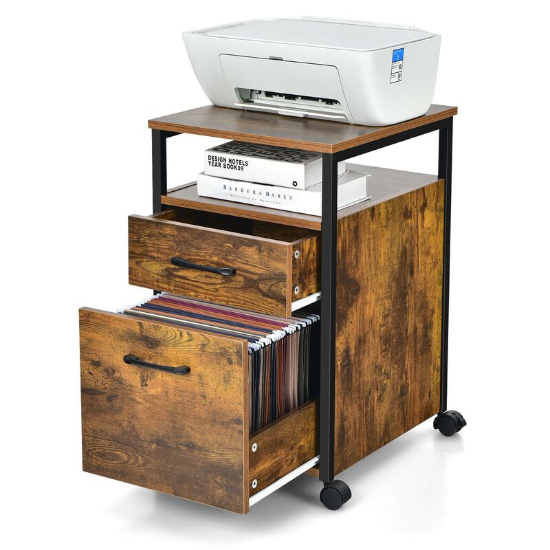 2 Drawer Mobile File Cabinet Printer Stand with Open Shelf for Letter Size