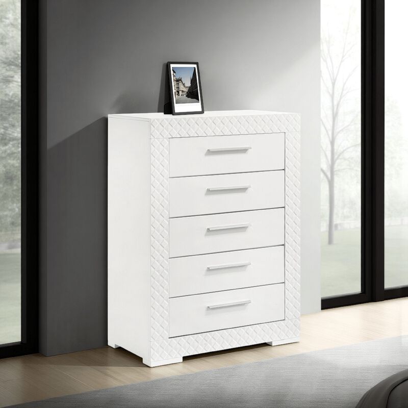 Ivon Tall Dresser Chest, 5 Drawers, Modern Glossy White Solid Hardwood - Benzara