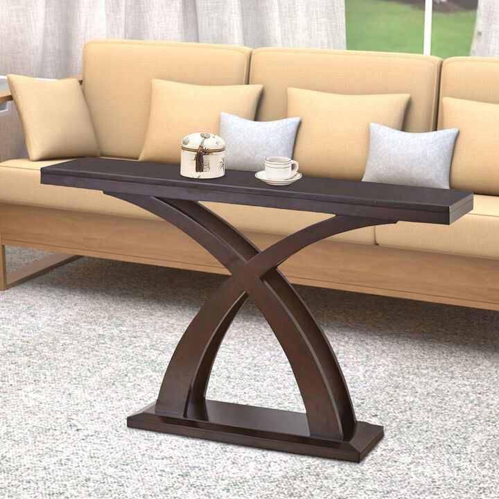 Sofa Table with X-Cross Base Support and Open Bottom Shelf, Brown-Benzara