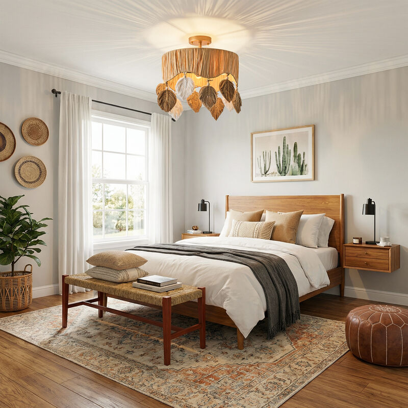 15.7" 4-Light Boho Antique Gold Handwoven Raffia Semi-Flush Mount Ceiling Light with Leaf-Shaped Cotton Cord Hanging Ornament for Bedroom, Living Room or Entryway image number 2