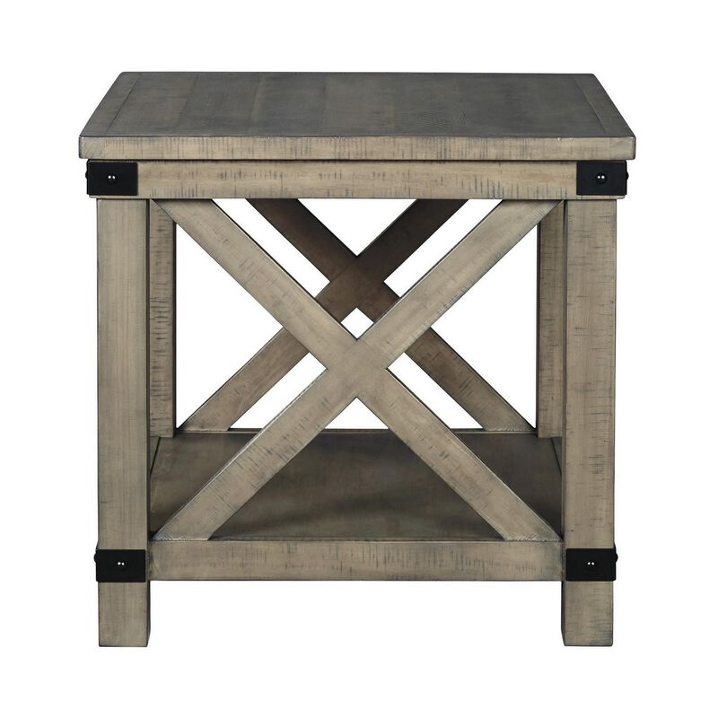 Farmhouse Style End Table with X Shaped Sides and Open Bottom Shelf, Gray-Benzara