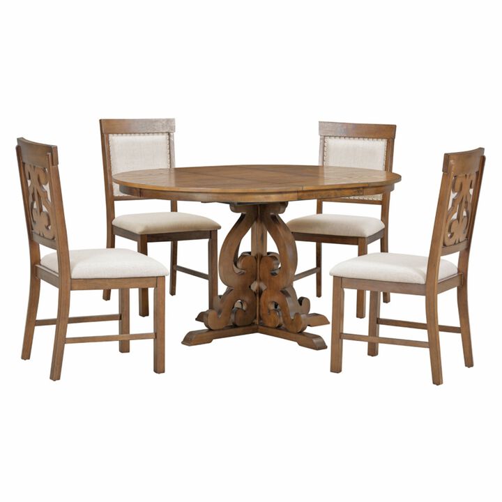 Lupoxt 5‑Piece Retro Extendable Round Pedestal Dining Set