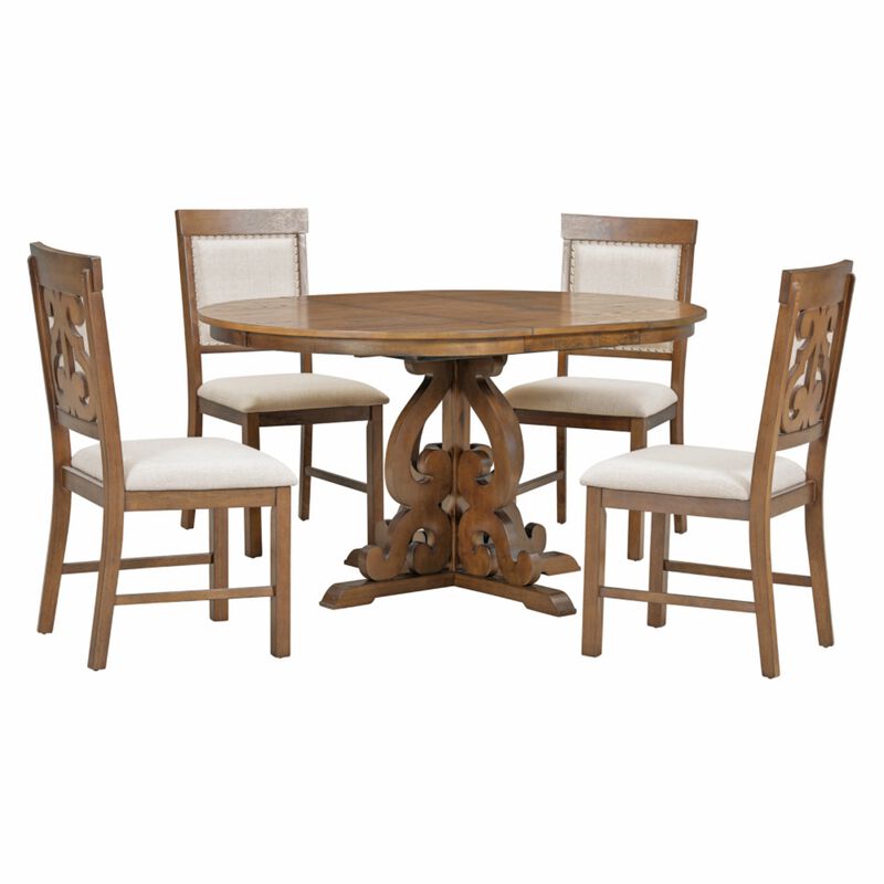 Lupoxt 5‑Piece Retro Extendable Round Pedestal Dining Set image number 0