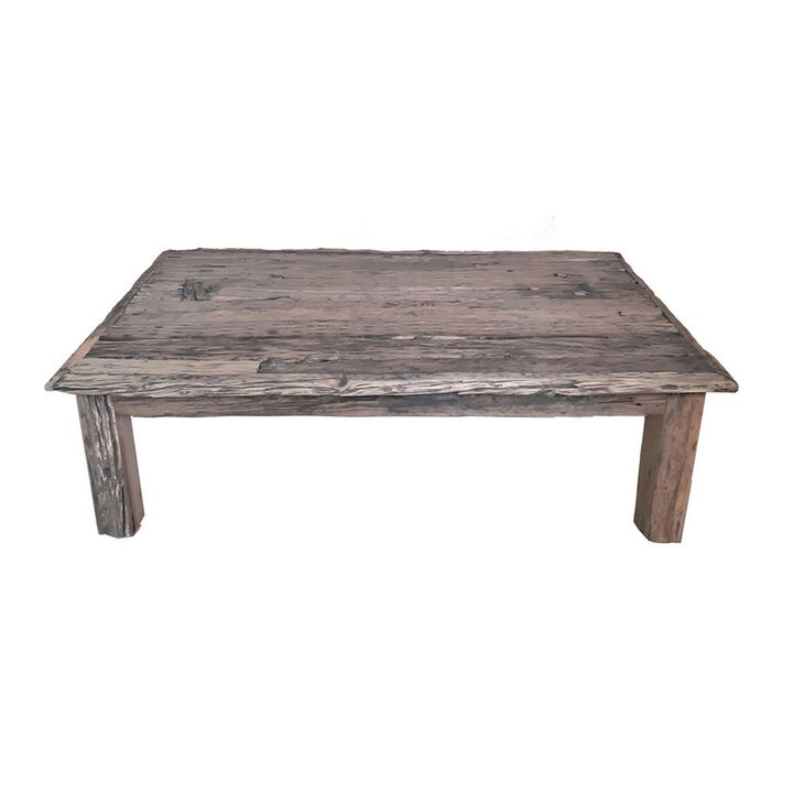 59 Inch Rustic Coffee Table, Rectangular Top, Old Antique Wood, Brown - Benzara