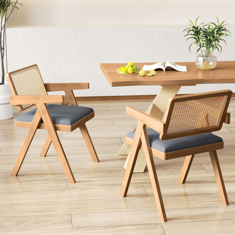 Coastal Style Rattan Accent Chairs with Cushions and Rubber Wood Legs, Set of 2