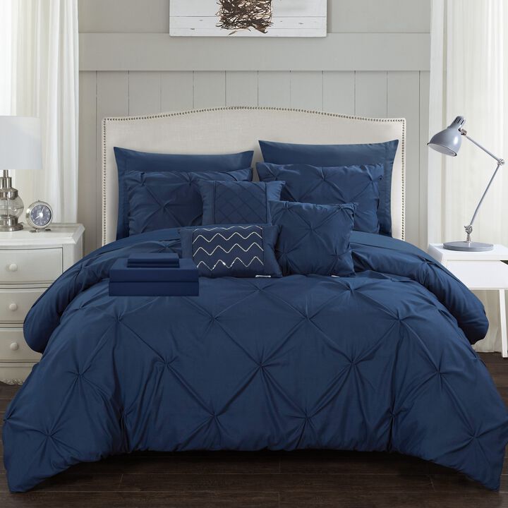 Chic Home Mycroft Pinch Pleated Ruffled Bed In A Bag Soft Microfiber Sheets 10 Pieces Comforter Decorative Pillows & Shams - Twin 66x90, Navy