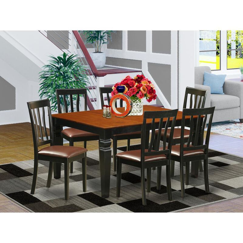 7 Pc Kitchen table set with a Dining Table and 6 Leather Kitchen Chairs in Black