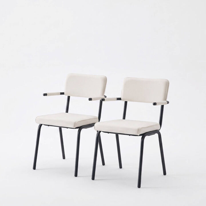 Set of 2 Velvet Dining Chairs Hangable Armrest Dining Chairs for Easy Floor Cleaning Square Open Back Dining Chairs with Metal Legs