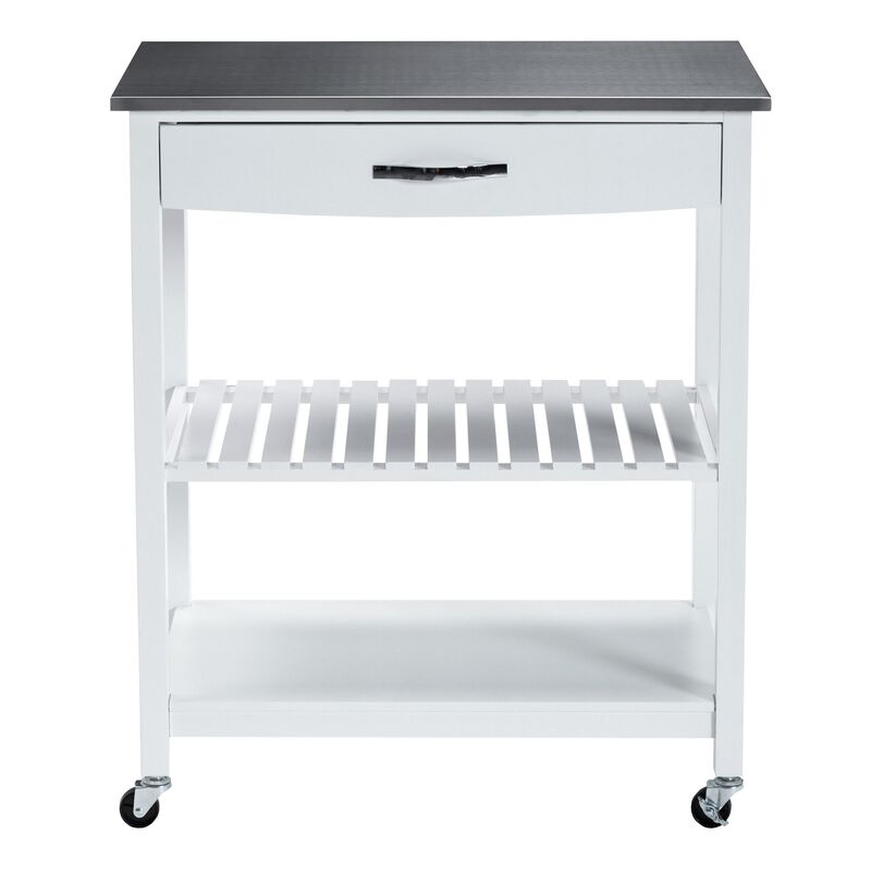 Kitchen Cart with 1 Slatted Shelf and 1 Drawer, White and Gray - Benzara