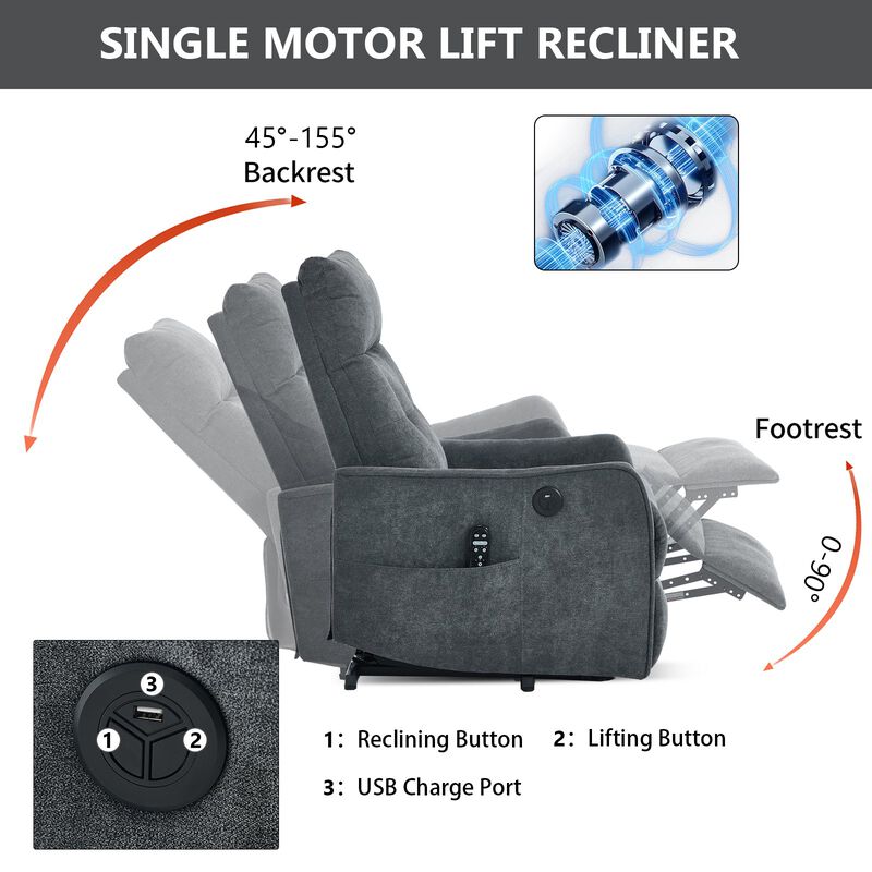 Chenille Power Lift Recliner Chair 155&deg; Recliner with Massage Heat & USB image number 5