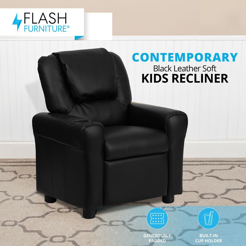Flash Furniture Vana LeatherSoft Kids Recliner with Cup Holder, Headrest, and Safety Recline, Contemporary Reclining Chair for Kids, Supports up to 90 lbs., Black