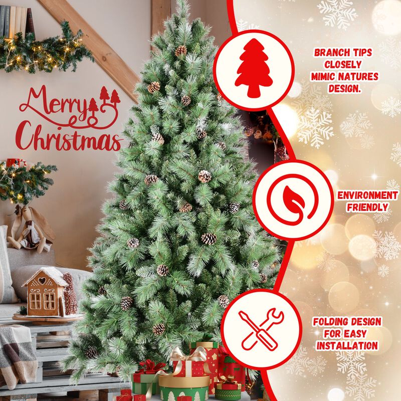 7 ft. Christmas Tree with 82 Pine Cones 1348 PVC Hard Needle Tips Hinged with Metal Stand Full Holiday Decoration