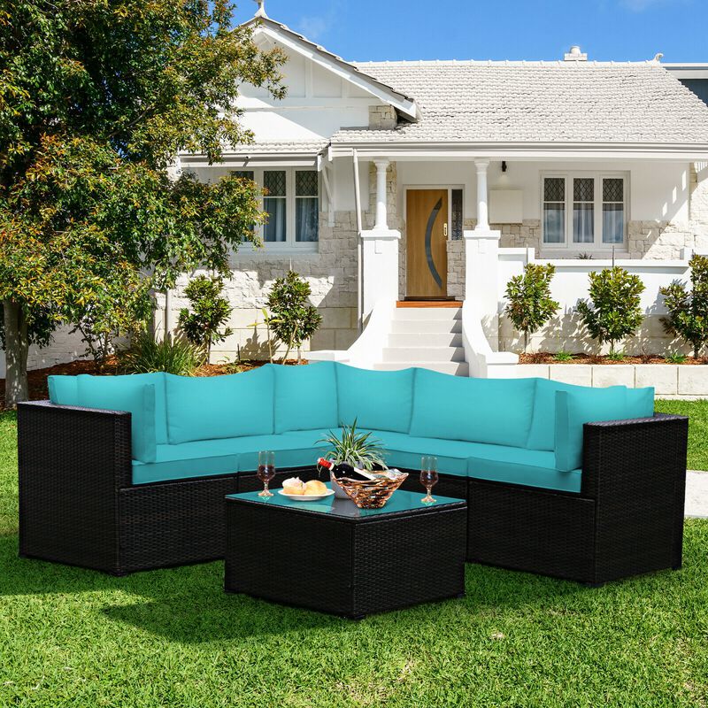 6 Pieces Patio Rattan Furniture Set Sectional Cushioned Sofa Deck image number 2