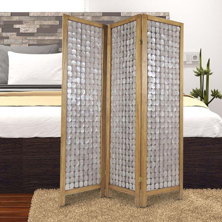 3 Panel Wooden Screen with Pearl Motif Accent, Brown and Silver - Benzara