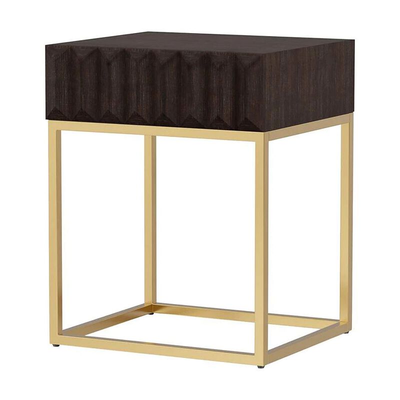 Bran 24 Inch Modern Side End Table, Brown Wood, Gold Steel Base, 1 Drawer