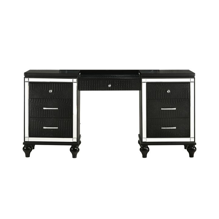 Kya 64 Inch Vanity Dresser Table with 7 Drawers, Mirrored Trim, Glam Black - Benzara