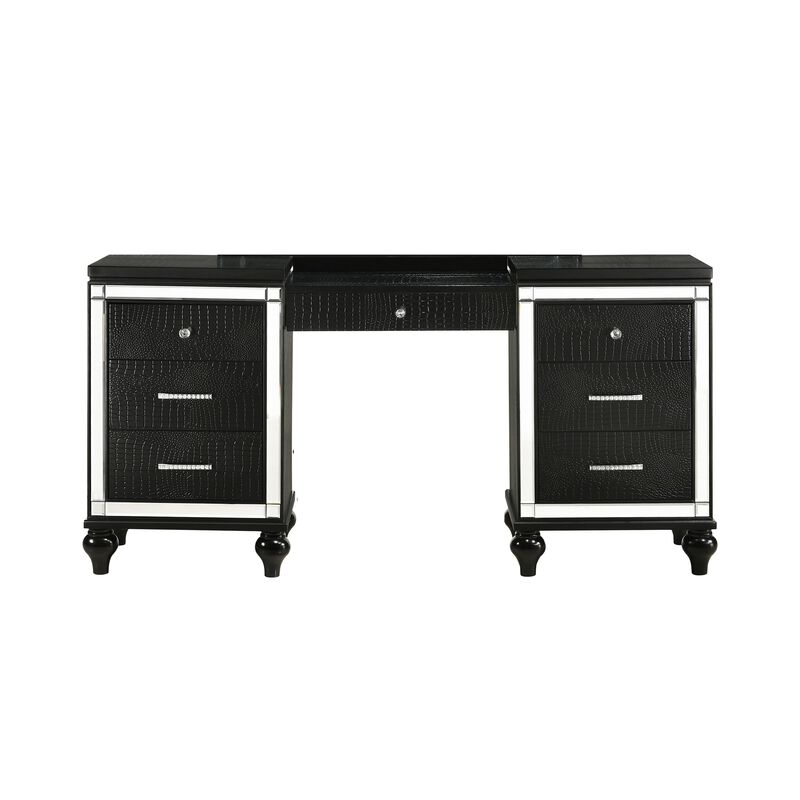 Kya 64 Inch Vanity Dresser Table with 7 Drawers, Mirrored Trim, Glam Black