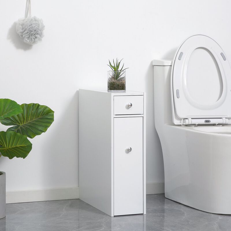 Slim Bathroom Organizer: White Wooden Floor Cabinet with Drawers