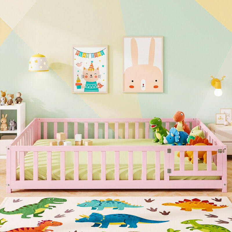 Montessori Floor Bed Frame with Guardrails, Safety Door and Latch image number 1