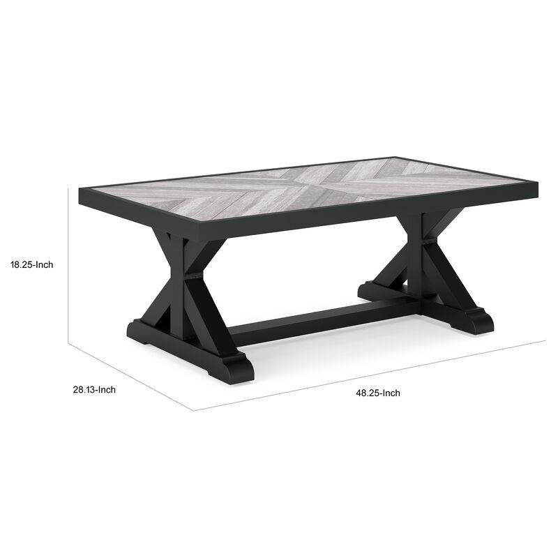 Tira 48 Inch Outdoor Coffee Table, Tile Top, Black, Light Gray Finish - Benzara
