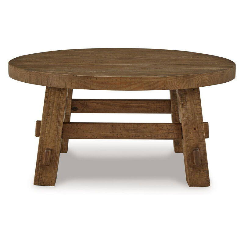 Ack Round Cocktail Coffee Table, Block Legs, 40 Inch Brown Pine Wood